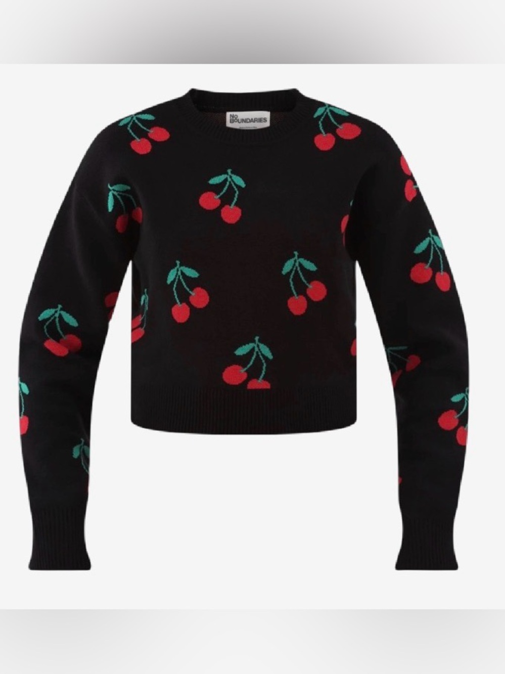 No Boundaries Black Cherry-Print Crewneck Sweater 2X New